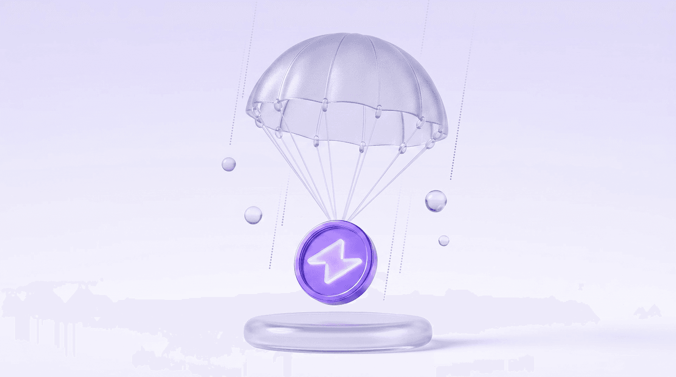 3D render of a token descending by parachute onto a platform, representing airdrop eligibility checking