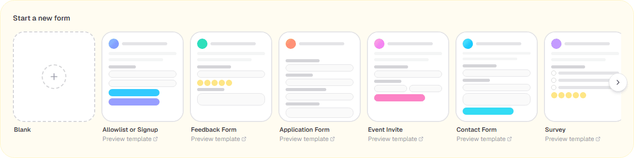 Dashboard template row showing Blank, Allowlist/Signup, Feedback, Application, Event, Contact, and Survey cards