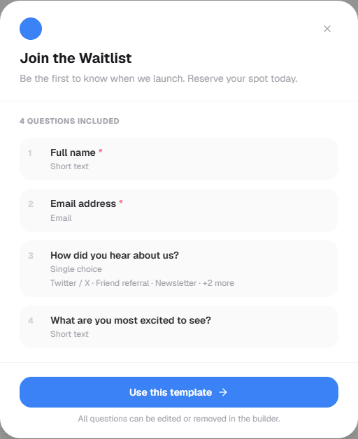 Template preview modal listing a template's questions and block types before use
