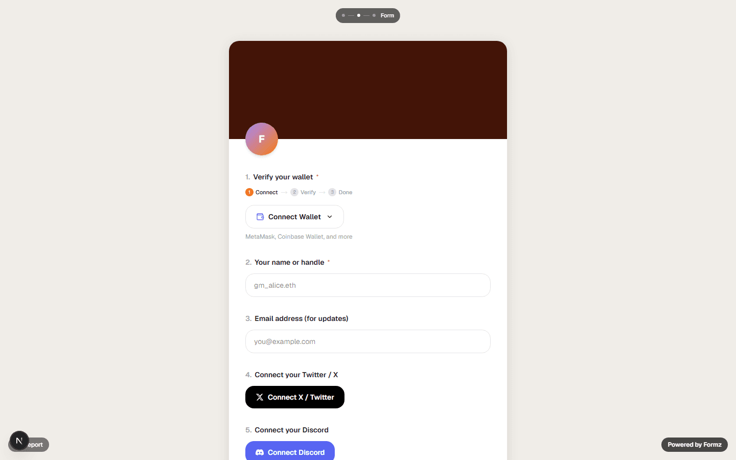A live form showing Connect Wallet, Connect X/Twitter, and Connect Discord blocks