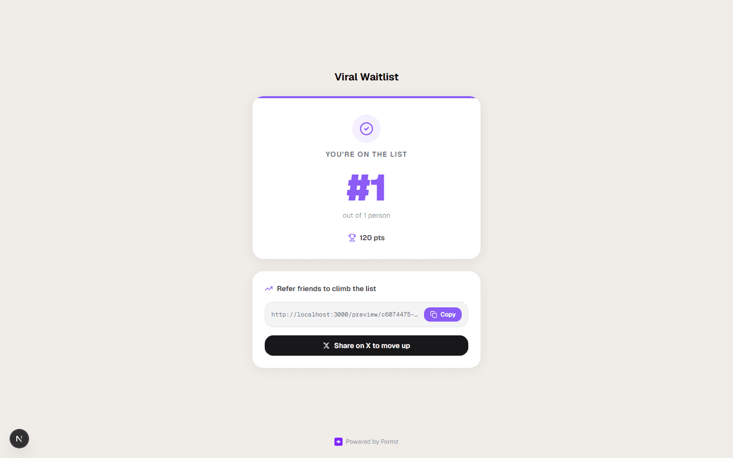 Waitlist status page showing rank #1, points, and a referral link