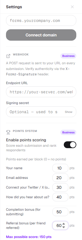 Points system panel with per-block point values, completion bonus, and referral bonus