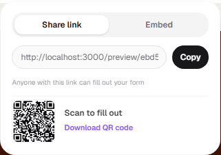 Share dropdown's Share link tab with a copyable link and QR code