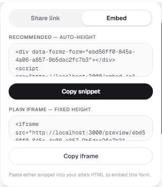 Share dropdown's Embed tab with auto-height snippet and plain iframe fallback
