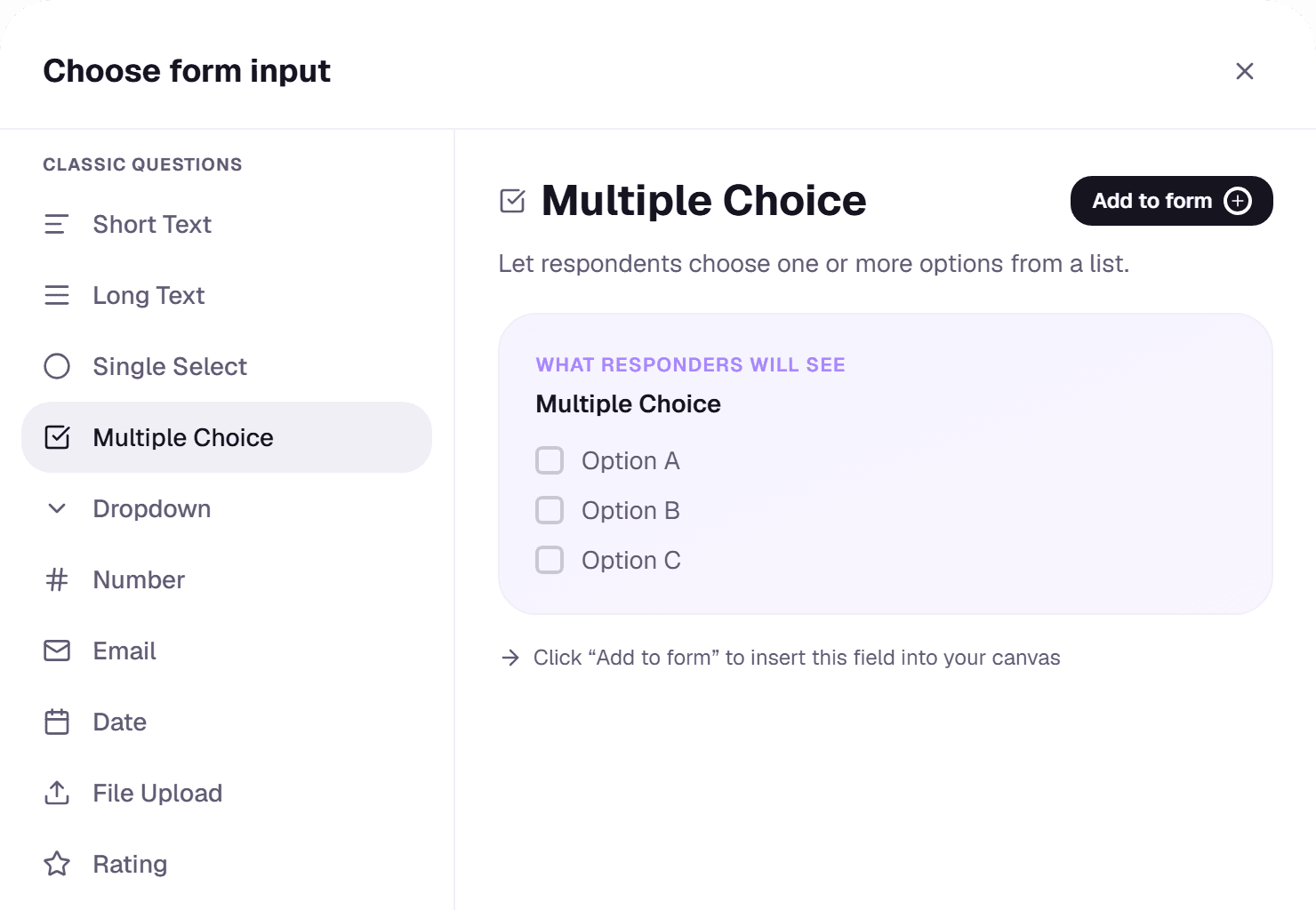The block picker with block types listed on the left and a live preview on the right