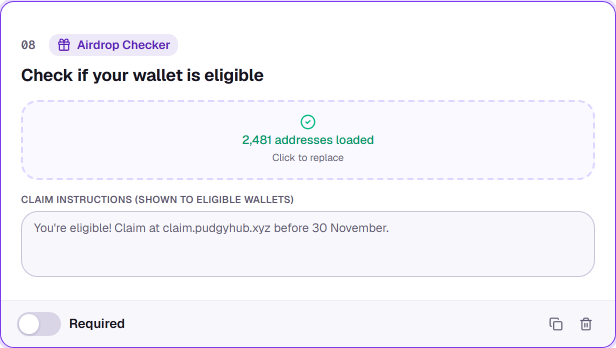 An Airdrop Checker block in the builder showing the number of addresses loaded