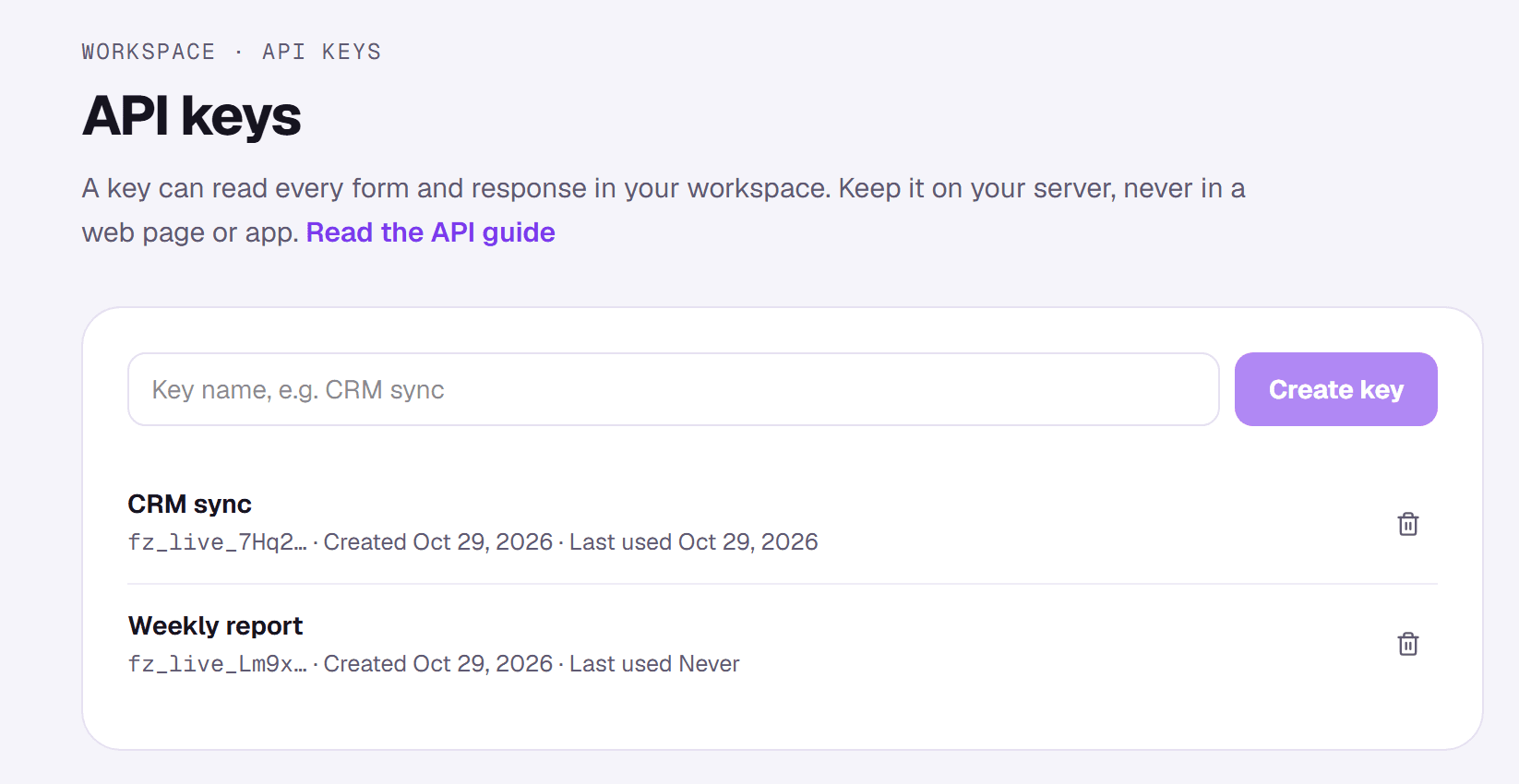The API keys page with a key name field, a Create key button and two keys
