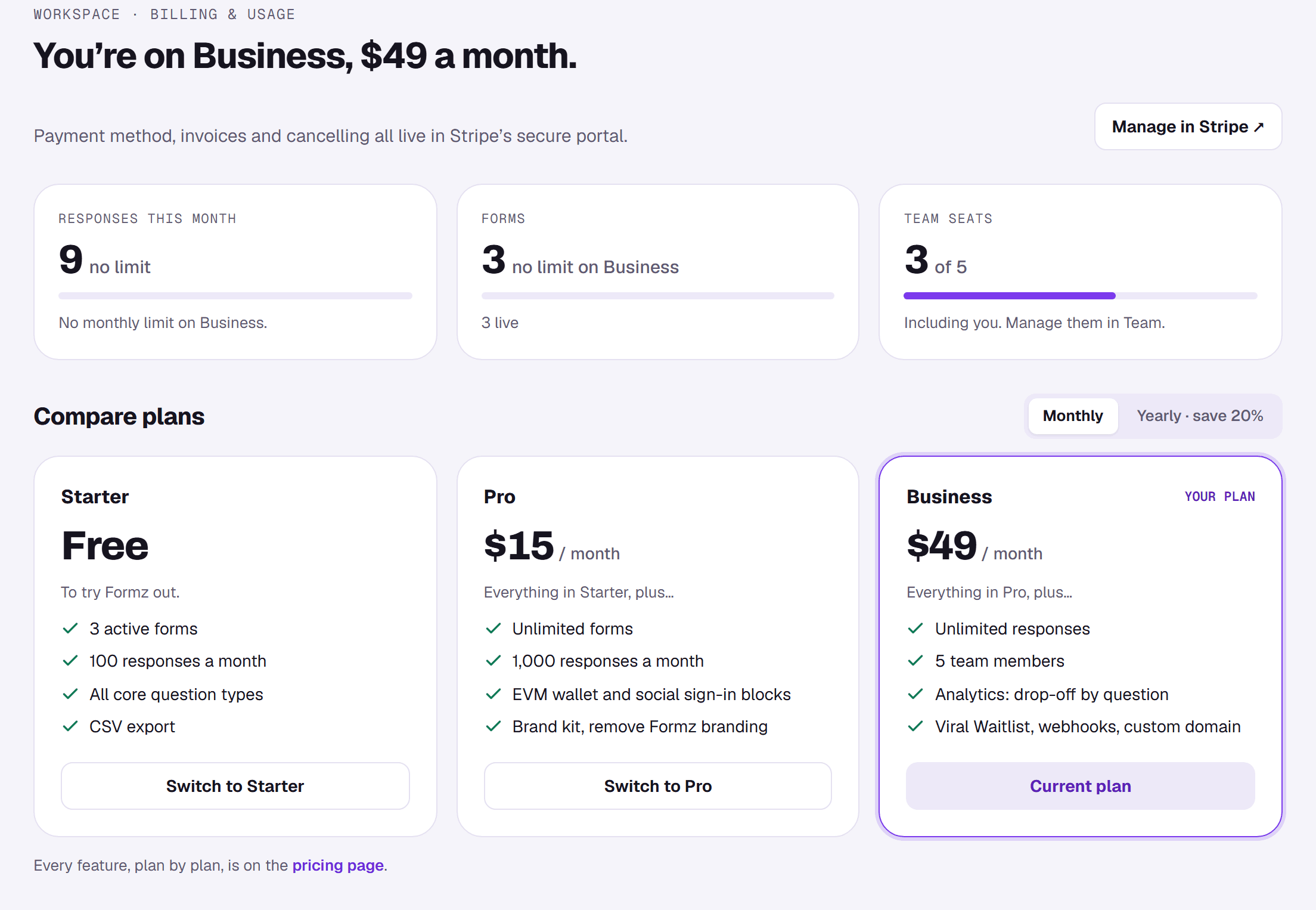 The Billing and usage page showing the current plan, usage meters and a plan comparison