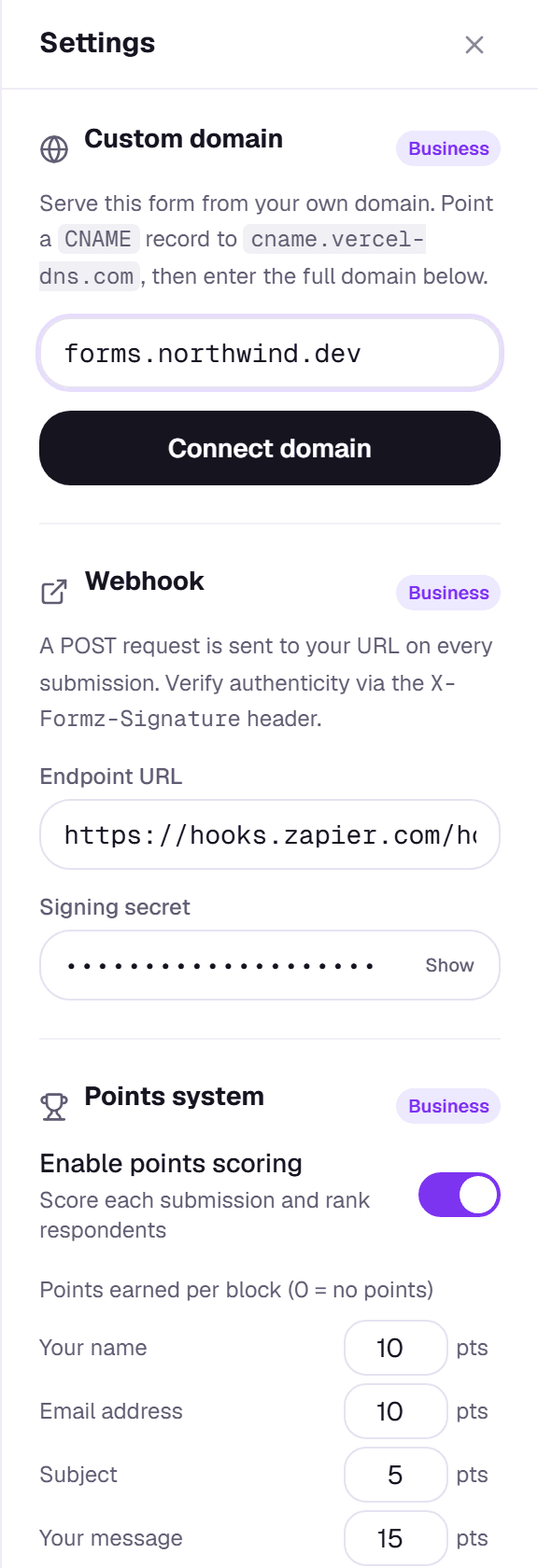 The Custom Domain setting with a domain entered and the CNAME instructions
