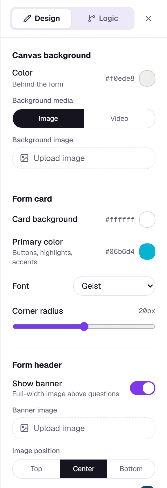 The Design tab with canvas background, form card, header and behaviour settings