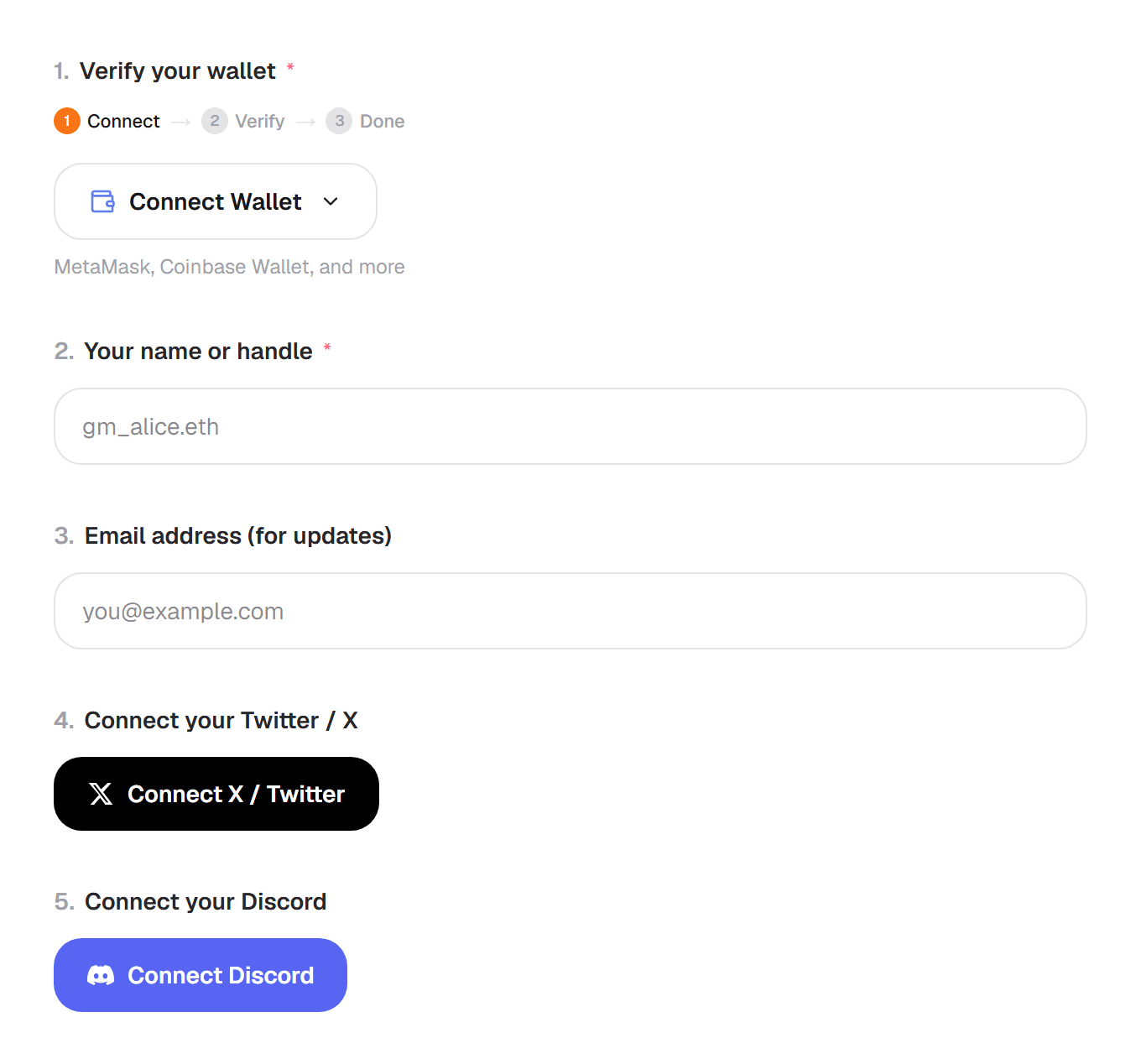 A live form showing Connect Wallet, Connect X and Connect Discord buttons