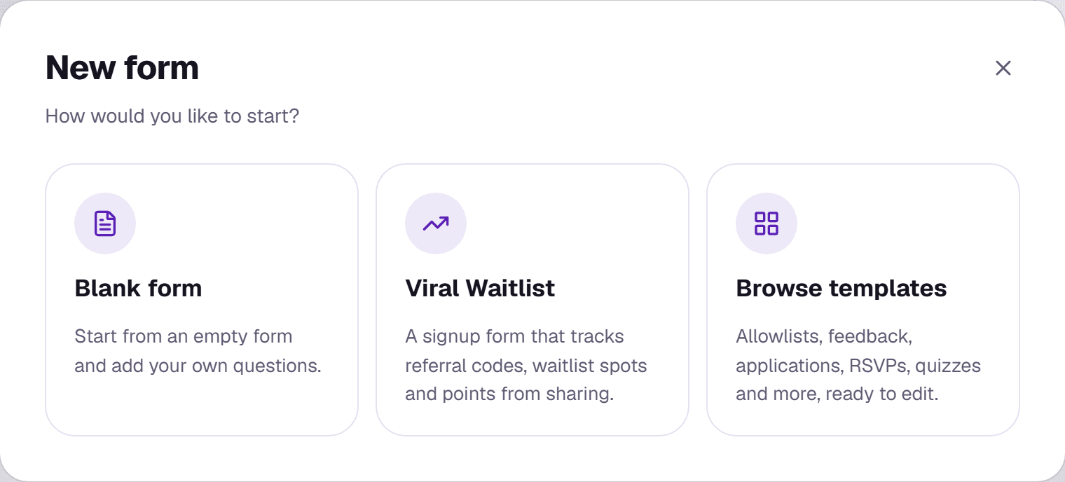 The New form pop-up with three choices: Blank form, Viral Waitlist and Browse templates