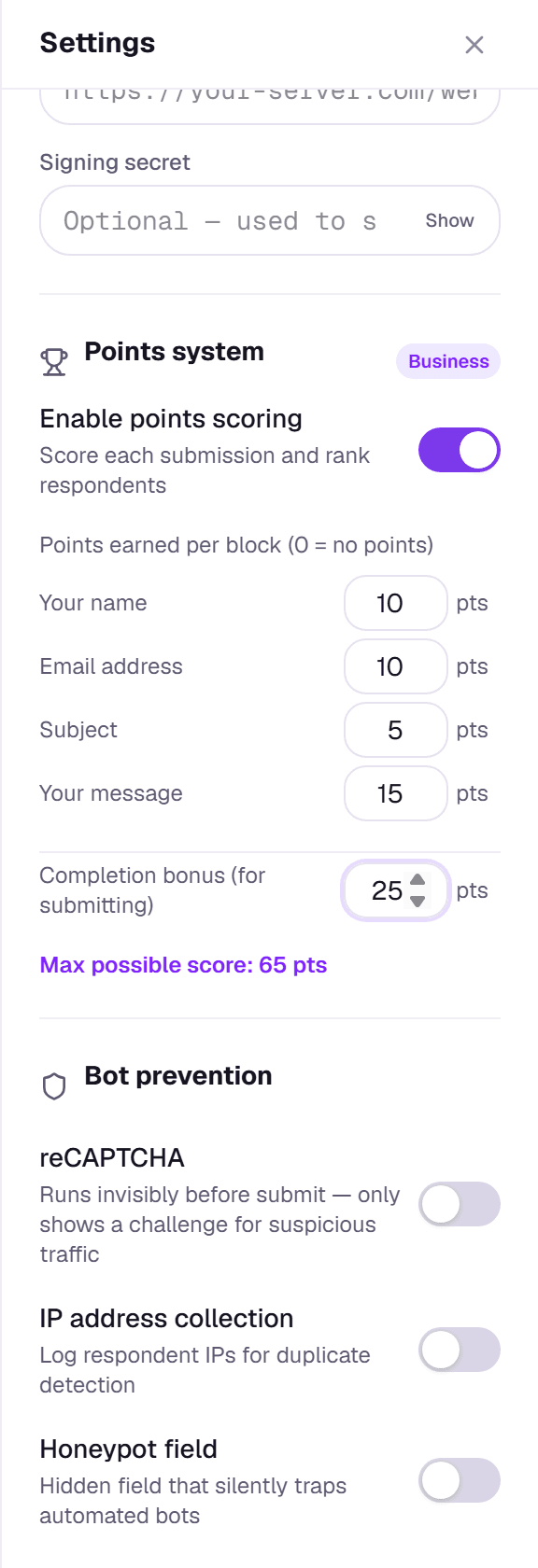 The Points system settings with points per question and a completion bonus