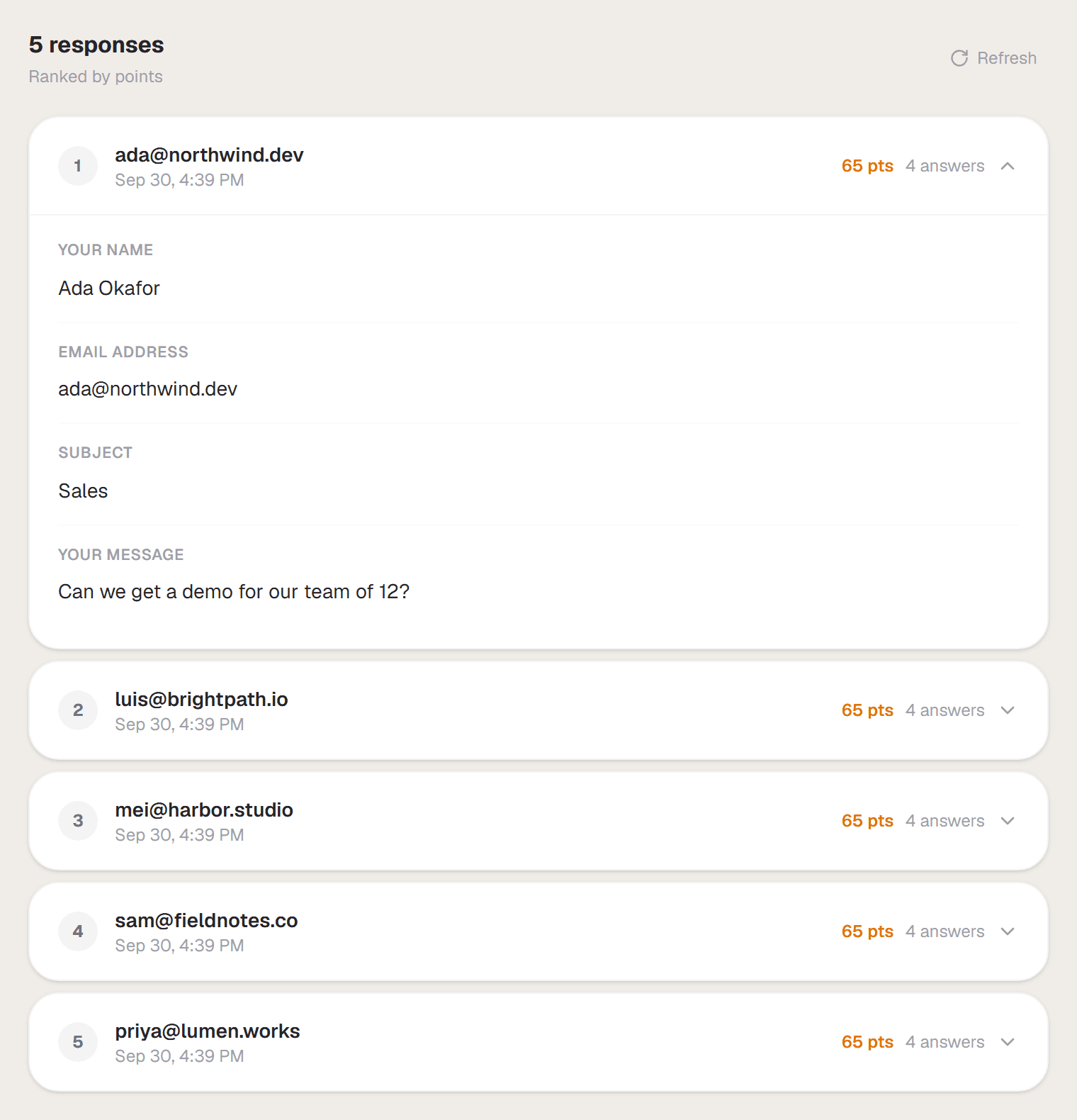 The Responses view with a list of responses, one expanded, and the Export panel