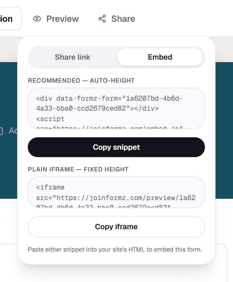 The Share menu's Embed tab with the auto-height snippet and the plain iframe snippet