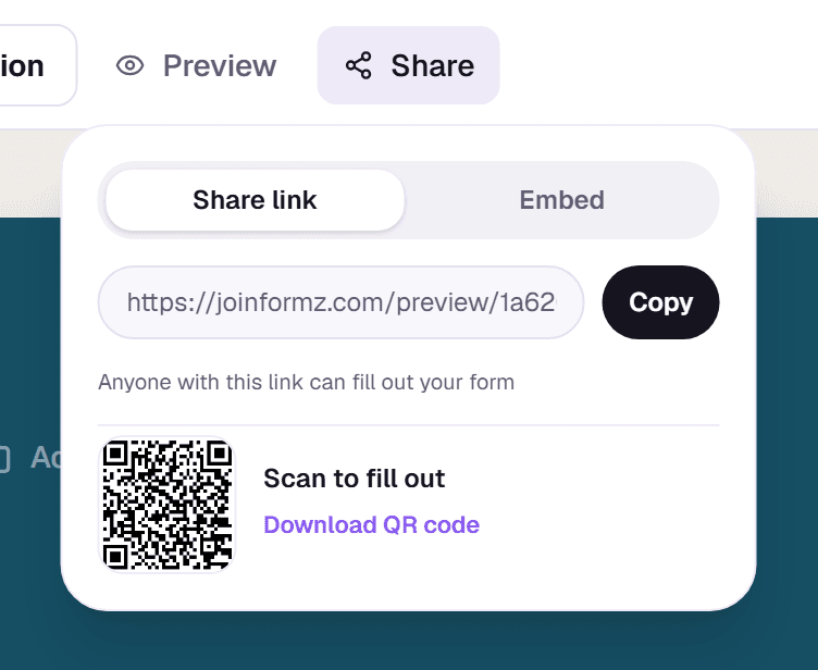 The Share menu's Share link tab with a copy button and a downloadable QR code