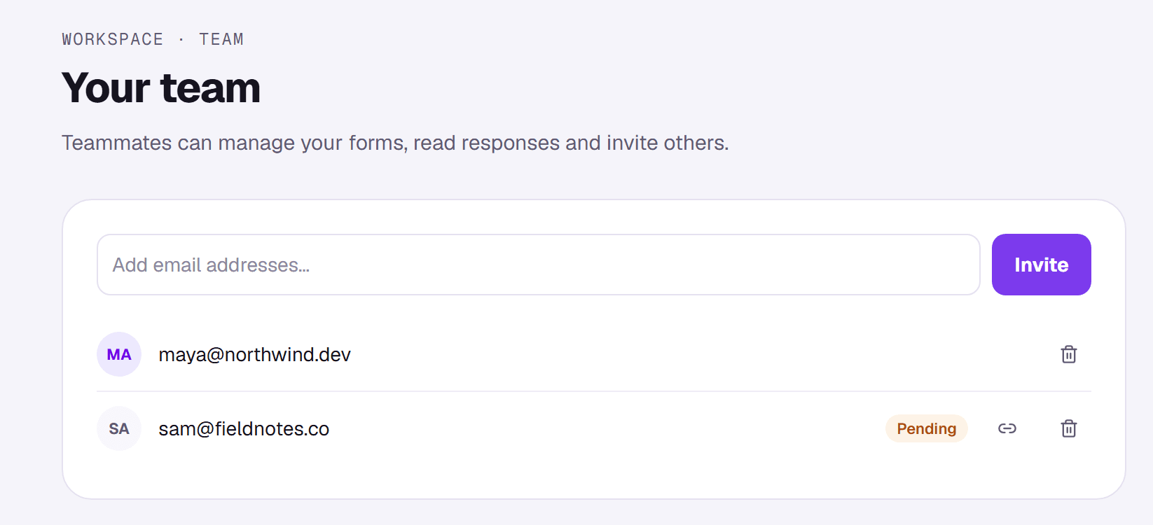 The Team page with an invite field and a list of active and pending members