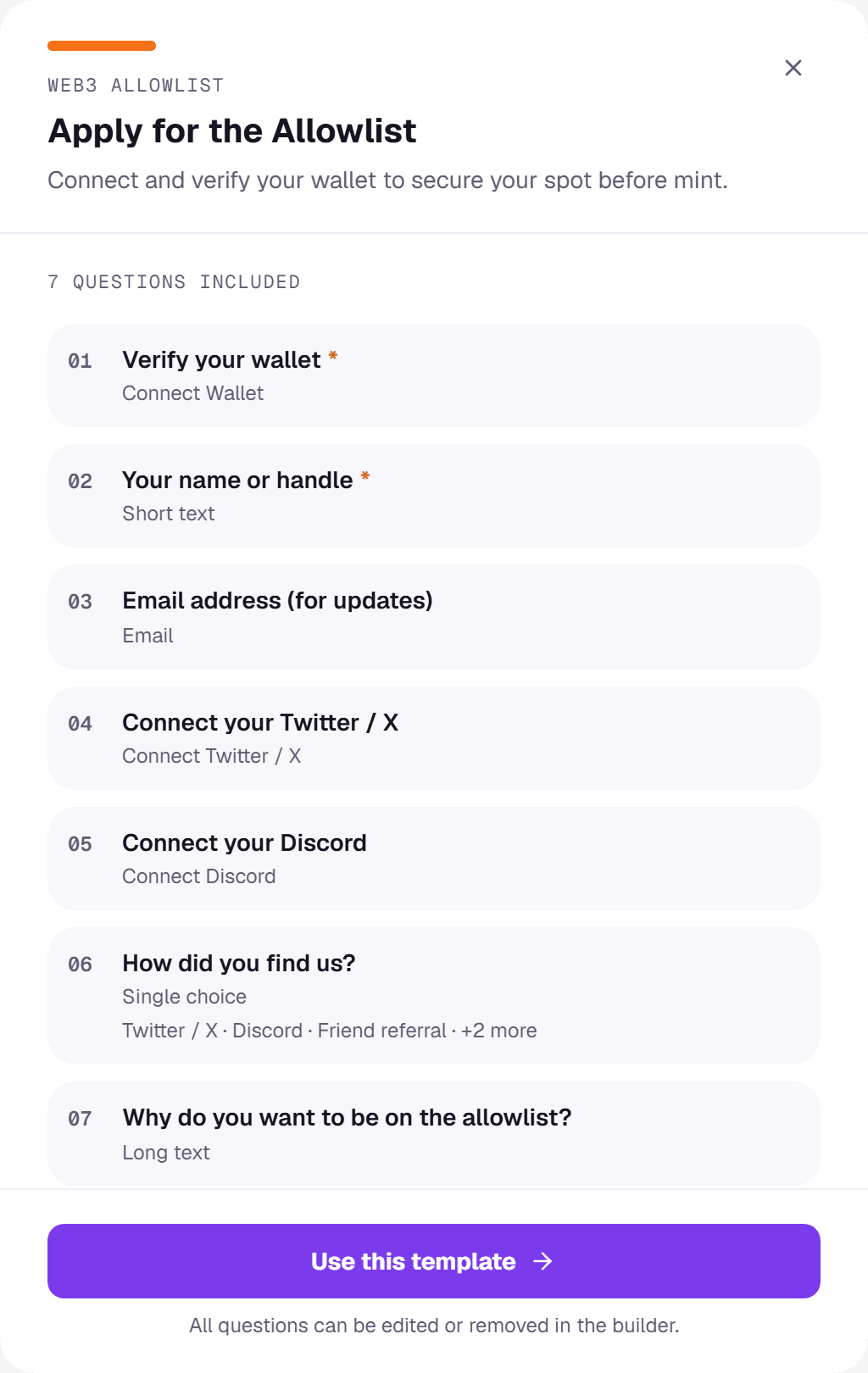 A template preview listing each question, its type and whether it is required