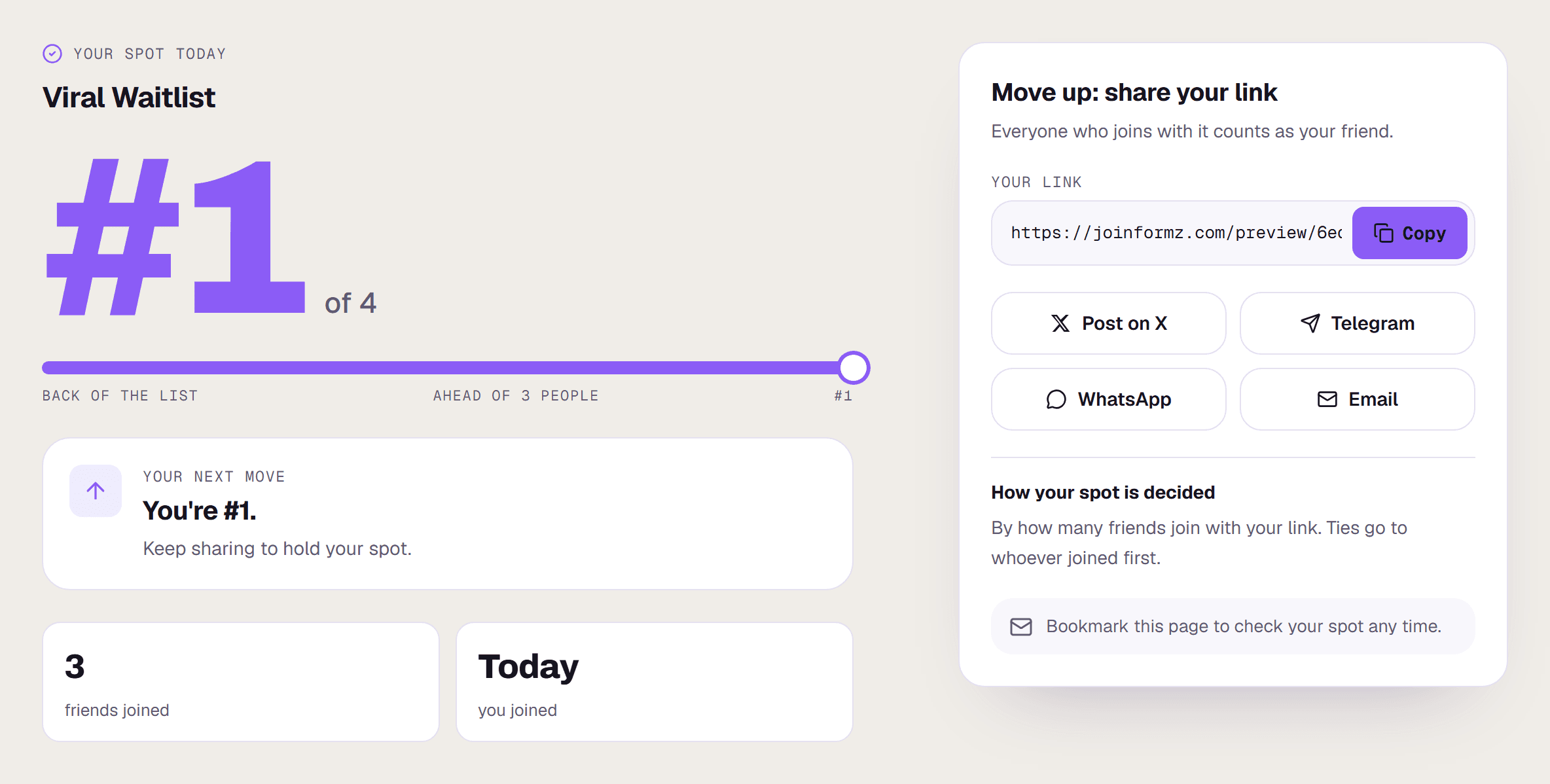 A waitlist spot page showing the respondent's place in line, their next move and their referral link