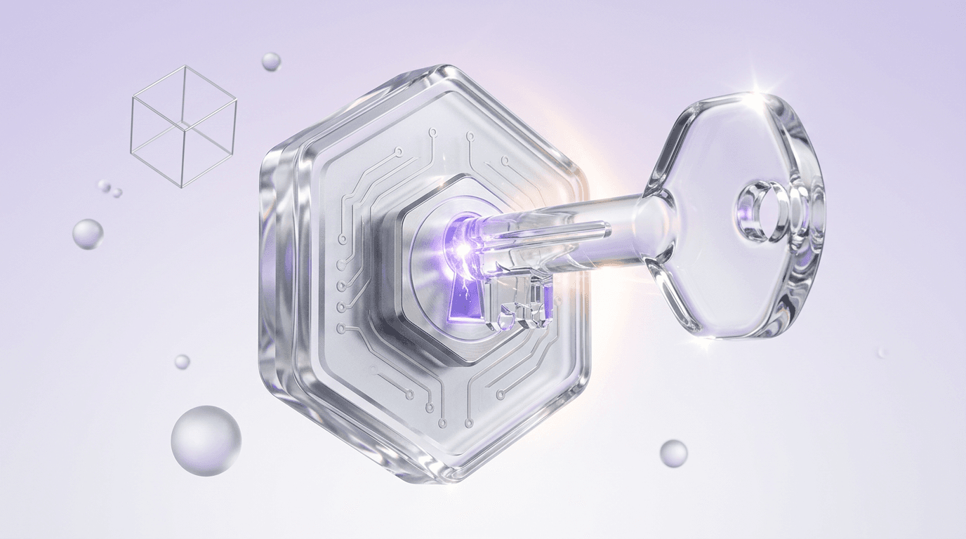 3D render of a glass key unlocking a hexagonal token, representing NFT and token gating