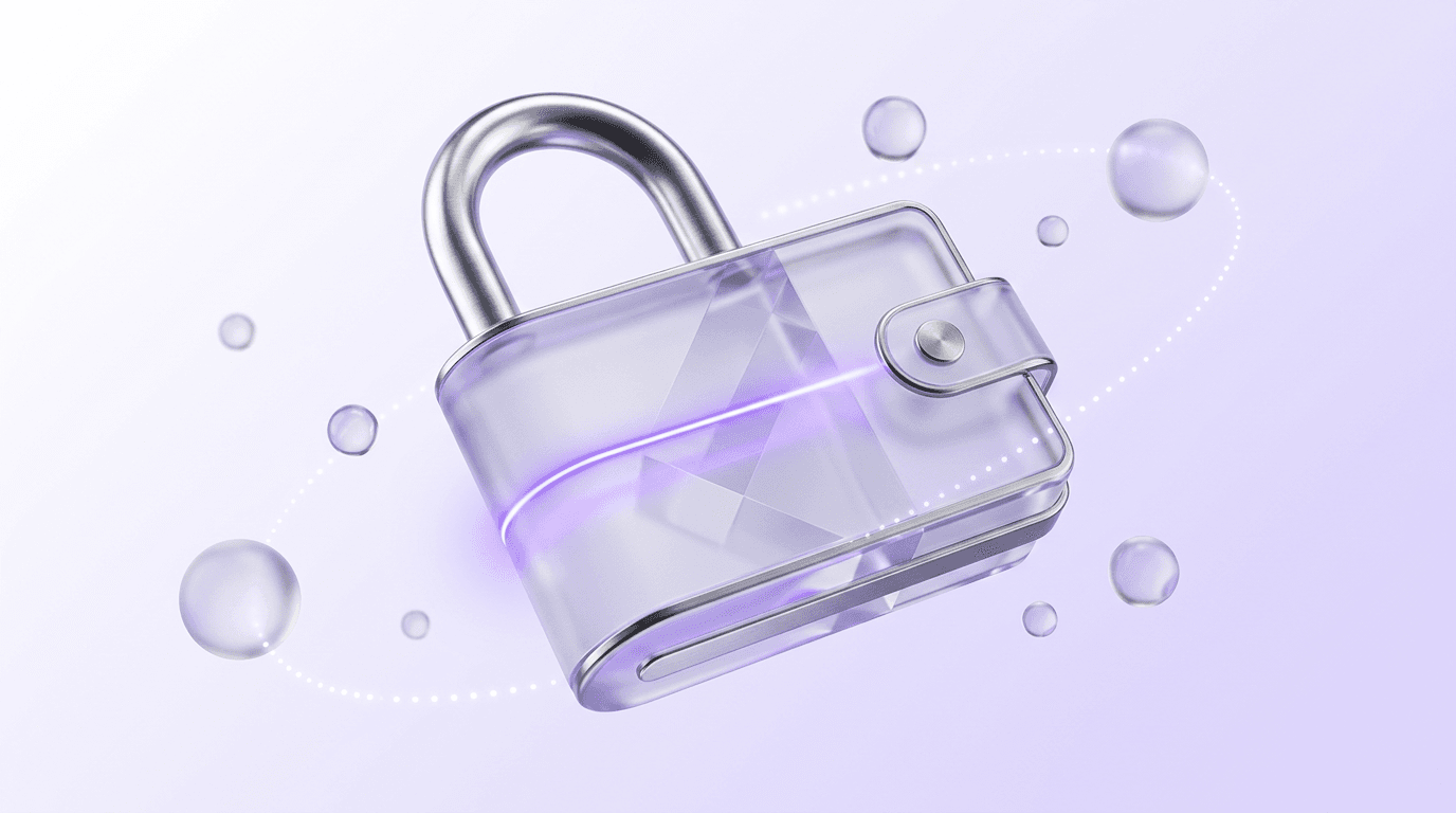 3D render of a glass padlock fused with a wallet, representing cryptographic wallet verification